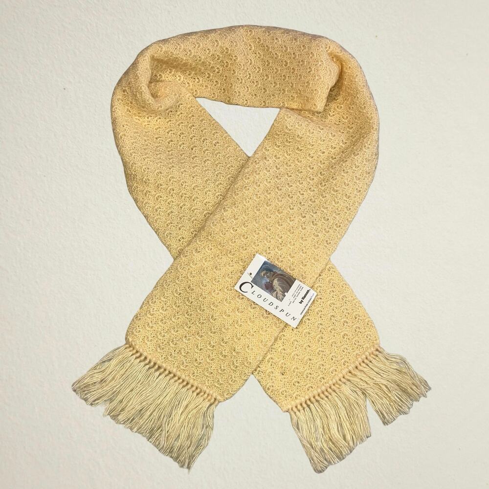 Vintage butter yellow knit orlon acrylic fringe scarf, NWT Hansen